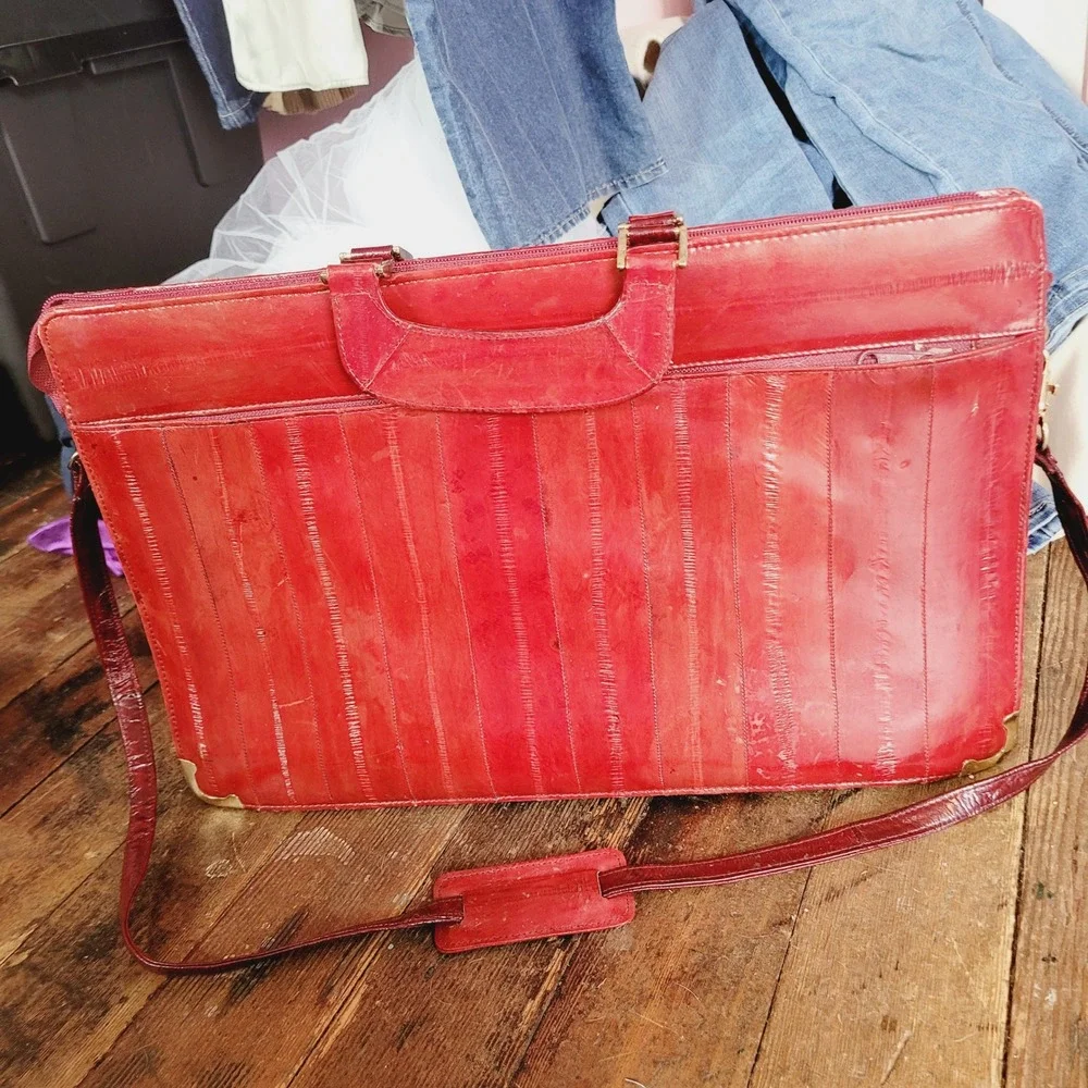 Vintage Red Eel Skin Briefcase Laptop Bag Shoulder Career Business 1980s Retro